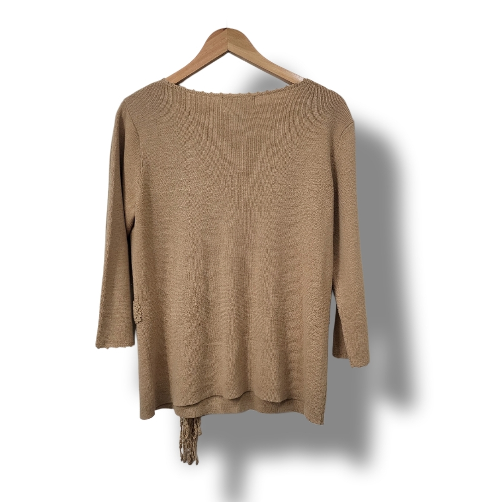 🌿Sag Harbor Women's Medium Tan Knit Crochet Tie Waist Sweater - Picture 9 of 11